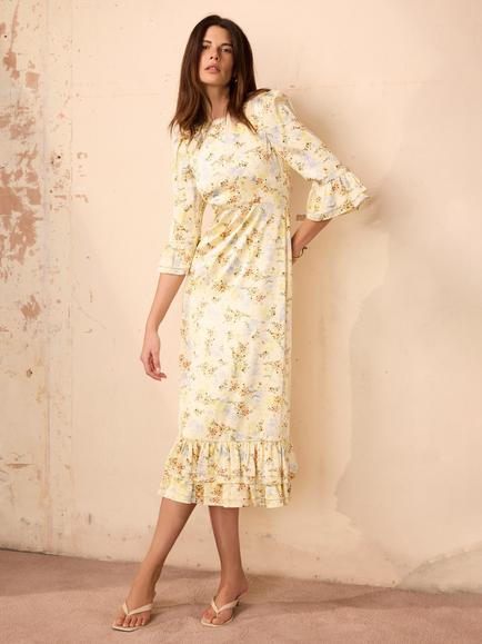 Mint Velvet Floral Satin A-Line Midi Dress, Yellow, Yellow