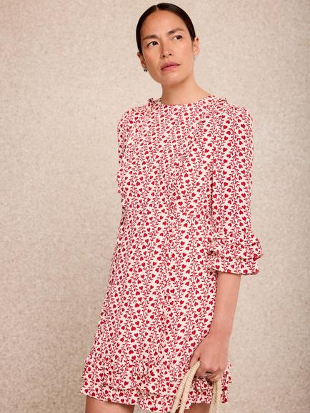 Mint Velvet Heart Motif Ruffle Mini Dress, Red - view 2, Red