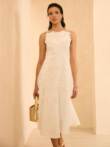 Mint Velvet Floral Broderie Cotton Midi Dress, White, White