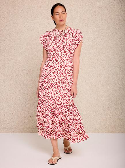Mint Velvet Polka Dot Ruffle Midi Dress, Red, Red