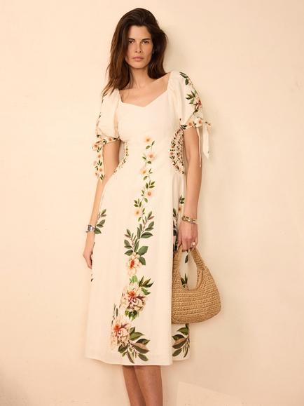 Mint Velvet Linen Blend Floral Print Midi Dress, Natural Cream, Natural Cream