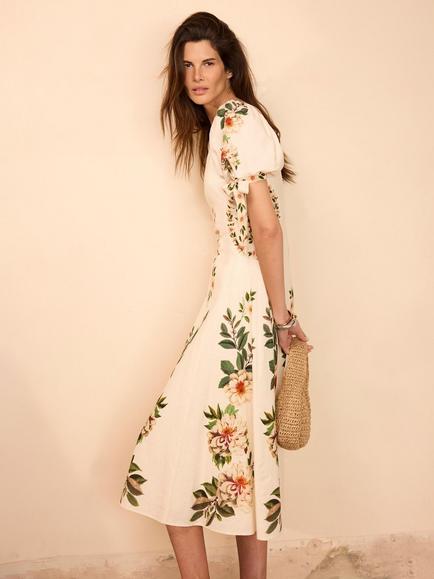 Mint Velvet Linen Blend Floral Print Midi Dress, Natural Cream - view 2, Natural Cream