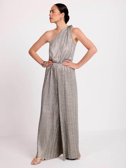 Mint Velvet Metallic One Shoulder Wide Leg Jumpsuit, Gold, Gold