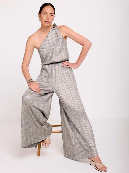 Mint Velvet Metallic One Shoulder Wide Leg Jumpsuit, Gold - view 2, Gold