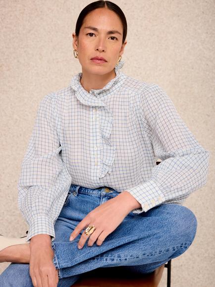 Mint Velvet High Ruffle Collar Cotton Checked Blouse, Blue, Blue