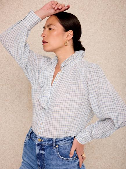 Mint Velvet High Ruffle Collar Cotton Checked Blouse, Blue - view 2, Blue
