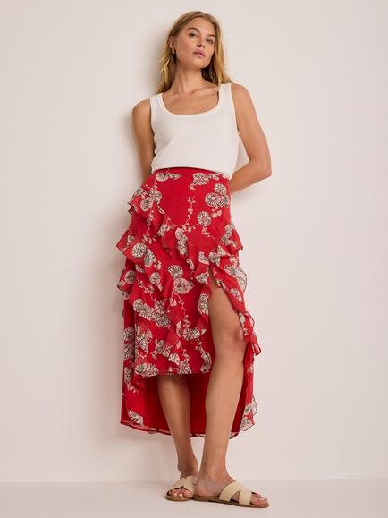 Mint Velvet Abstract Ruffle Maxi Skirt, Red, Red