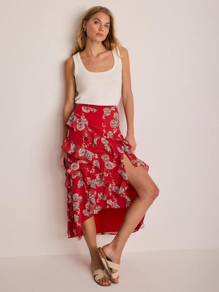 Mint Velvet Abstract Ruffle Maxi Skirt, Red - view 2, Red