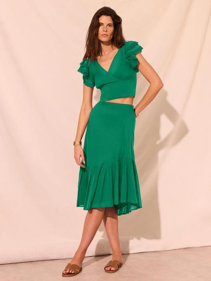 Mint Velvet Ruffle Crop Top and Midi Skirt Set, Green, Green
