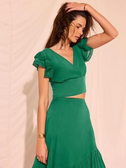 Mint Velvet Ruffle Crop Top and Midi Skirt Set, Green - view 2, Green