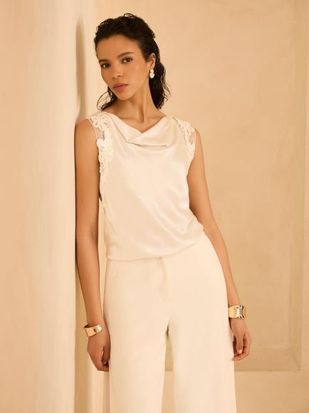 Mint Velvet Satin Lace Trim Cowl Neck Top, Natural Cream, Natural Cream
