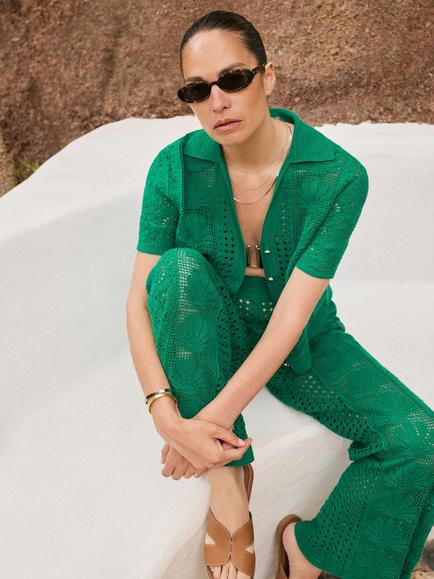Mint Velvet Crochet Shell Short Sleeve Shirt, Green - view 2, Green