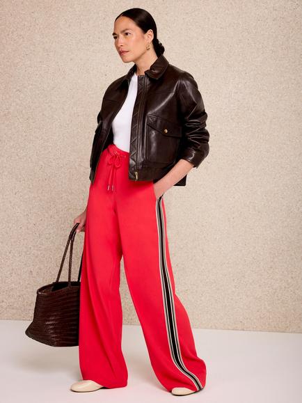Mint Velvet Stripe Wide Leg Trousers, Red, Red