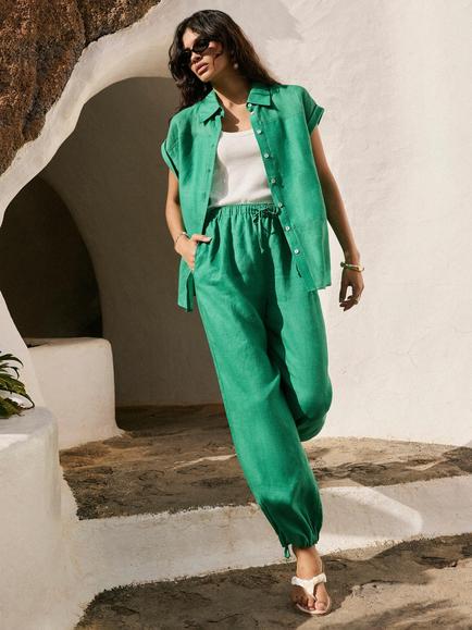 Mint Velvet Linen Mid Rise Balloon Trousers, Green, Green