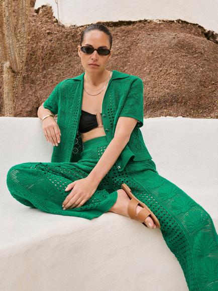 Mint Velvet Crochet Shell Wide Leg Trousers, Green - view 2, Green