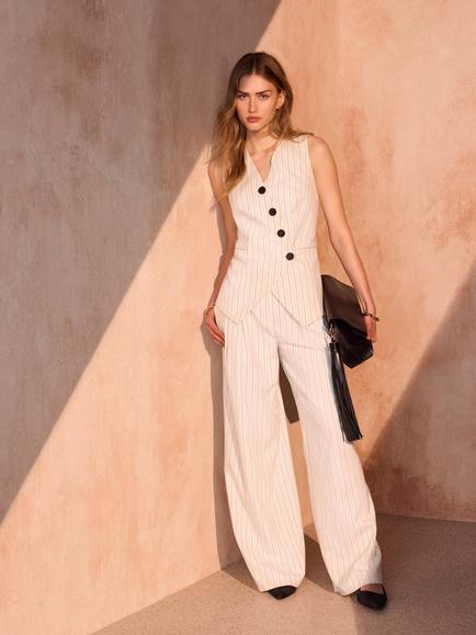 Whistles Pinstripe Wide Leg Trousers, White Ivory - view 2, White Ivory