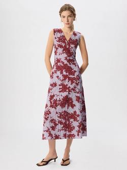 Whistles Floral Cotton Rich V-Neck Fit & Flare Midi Dress, Purple/Multi, Purple/Multi