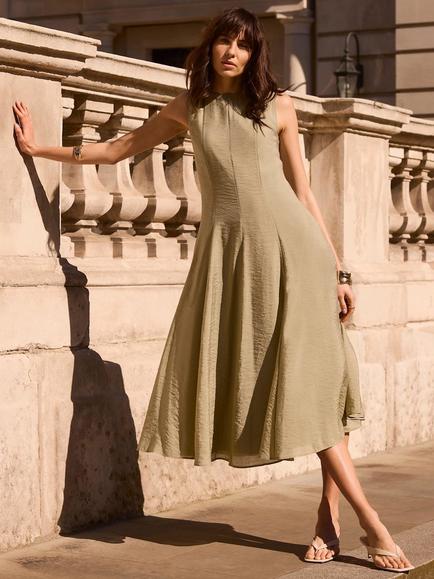 Mint Velvet Sleeveless Midi Dress, Khaki - view 2, Khaki