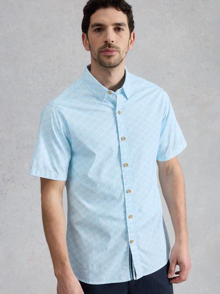 White Stuff Salcombe Short Sleeve Cotton Blend Shirt, Blue/Multi, Blue/Multi