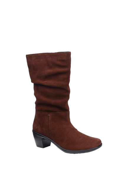 Hotter Rhone Wide Fit Suede Slouchy Calf Boots - view 2, Chocolate