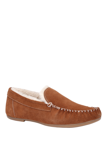 Hotter Dreams Suede Faux Fur Moccasin Slippers - view 2, Rich Tan