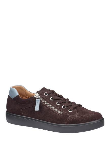 Hotter Chase II Wide Fit Leather Zip and Go Trainers - view 2, Chocolate/Soft Blue