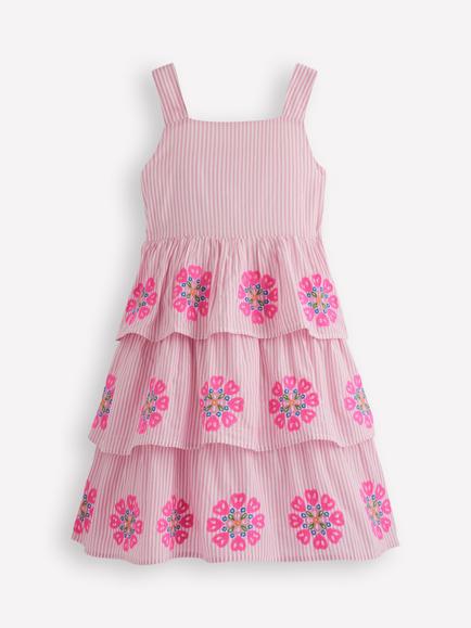 Mini Boden Kids' Sleeveless Embroidered Tiered Dress, Formica Pink, Formica Pink