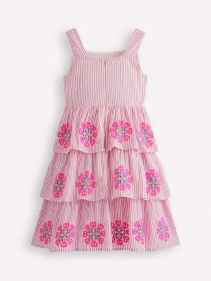 Mini Boden Kids' Sleeveless Embroidered Tiered Dress, Formica Pink - view 2, Formica Pink
