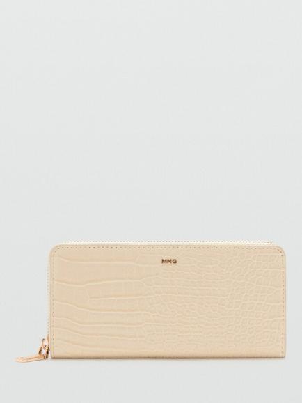 Mango Croc Embossed Zip Around Wallet, Beige, Beige