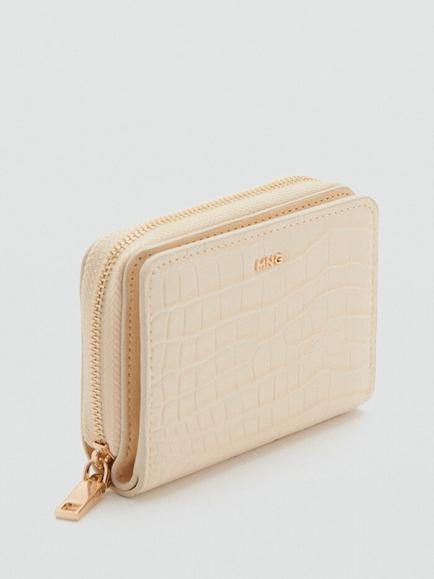 Mango Croc Embossed Zipped Wallet, Beige - view 2, Beige