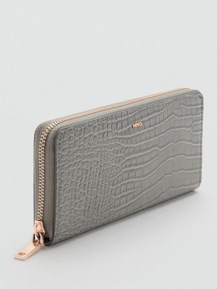 Mango Croc Embossed Zip Around Wallet, Grey - view 2, Grey