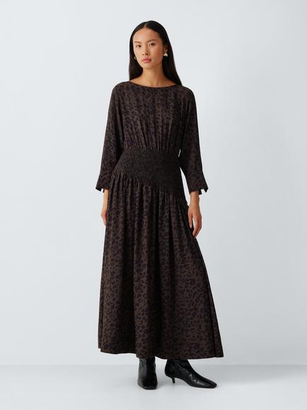 John Lewis Long Sleeves Leopard Print Midi Dress, Brown, Brown