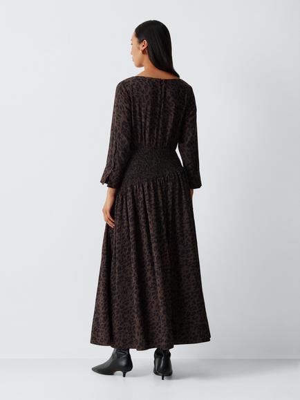 John Lewis Long Sleeves Leopard Print Midi Dress, Brown - view 2, Brown