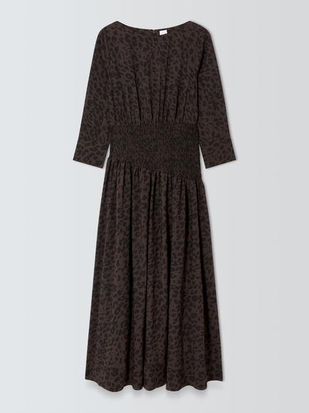 John Lewis Long Sleeves Leopard Print Midi Dress, Brown, Brown