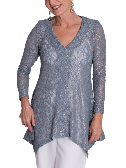 chesca Lace V-Neck Top, Platinum/Gold, Platinum/Gold