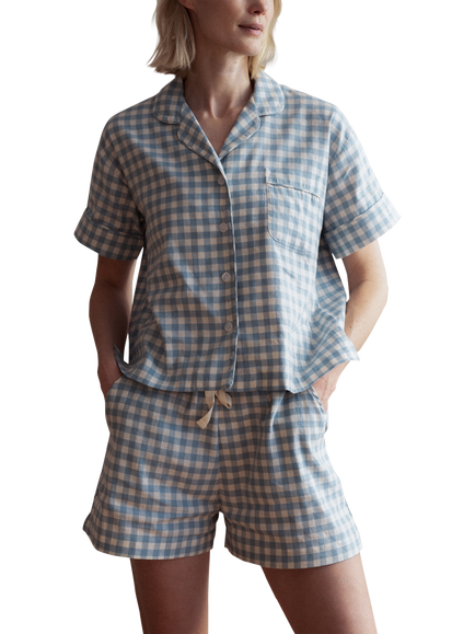Piglet in Bed Gingham Cotton Linen Blend Short Pyjama Set, Warm Blue