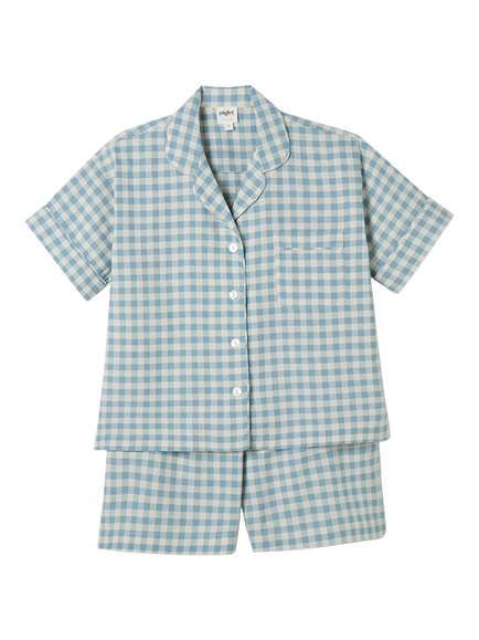 Piglet in Bed Gingham Cotton Linen Blend Short Pyjama Set - view 2, Warm Blue