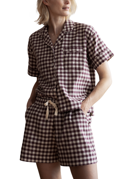 Piglet in Bed Gingham Cotton Linen Blend Short Pyjama Set, Berry