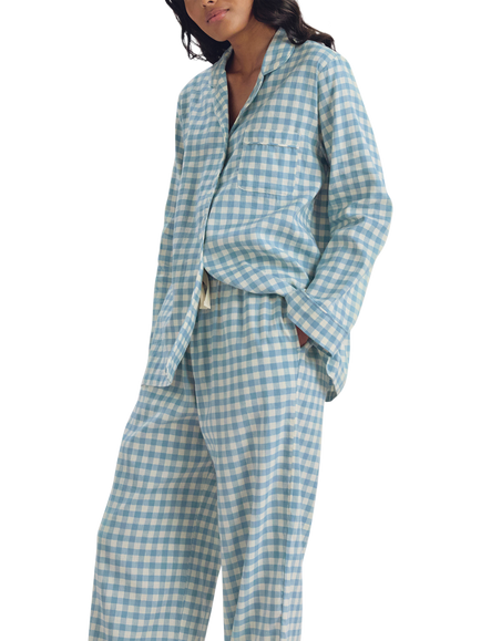 Piglet in Bed Gingham Cotton Linen Blend Pyjama Set - view 2, Warm Blue