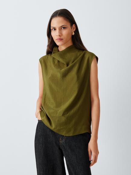 John Lewis Cowl Neck Cap Sleeve Top, Olive, Olive