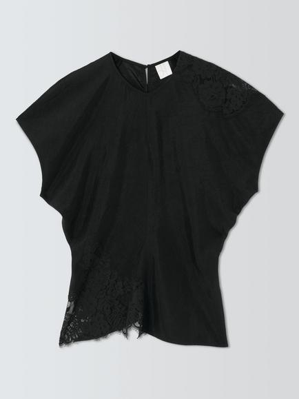 John Lewis Lace Trim Short Sleeve Top, Black, Black
