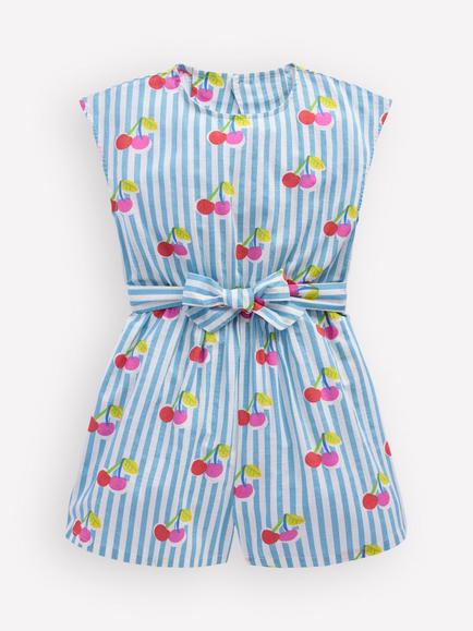 Mini Boden Kids' Cherry Print Tie Waist Playsuit, Blue/Multi, Blue/Multi