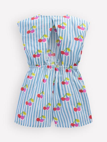 Mini Boden Kids' Cherry Print Tie Waist Playsuit, Blue/Multi - view 2, Blue/Multi