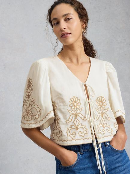 White Stuff Erin Embroidered V-Neck Blouse, Natural White, Natural White