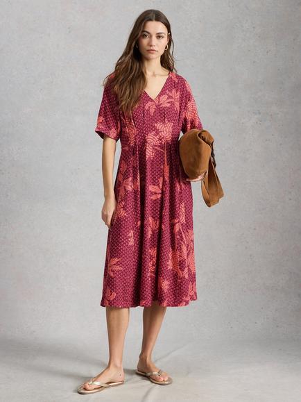 White Stuff Kate A-Line Linen Blend Midi Dress, Pink/Multi, Pink/Multi