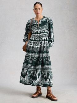 White Stuff Lana Leaf Print Midi Dress containing TENCEL™ Modal, Green/Multi, Green/Multi