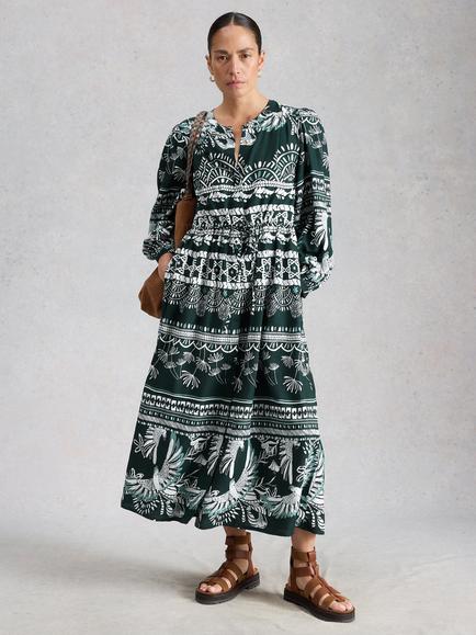 White Stuff Lana Leaf Print Midi Dress containing TENCEL™ Modal, Green/Multi, Green/Multi