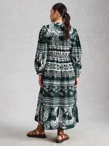 White Stuff Lana Leaf Print Midi Dress containing TENCEL™ Modal, Green/Multi - view 2, Green/Multi