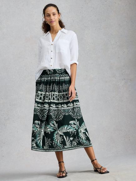 White Stuff Abigail A-Line Midi Skirt containing LENZING™ ECOVERO™ Viscose, Green/Multi, Green/Multi