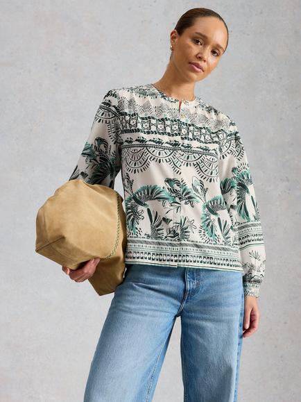 White Stuff Lana Puff Sleeve Round Neck Blouse, Ivory/Multi, Ivory/Multi